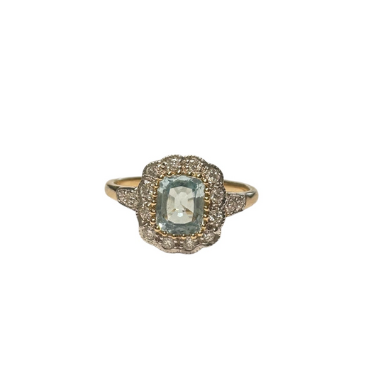 Edwardian Blue Topaz and Diamond Cushion Ring